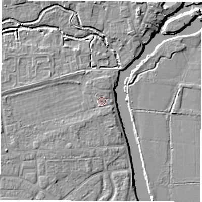 Shaded relief map of the ground around OX145TA, computed from Environment Agency LiDAR. The ground here sits at about 52 m above sea level and falls 7 m across the surrounding 800 m. Surface water reaching this point runs off ground lying to the south-south-west, 1.0 m higher.