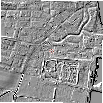 Shaded relief map of the ground around OX145TB, computed from Environment Agency LiDAR. The ground here sits at about 51 m above sea level and falls 5 m across the surrounding 800 m. Surface water reaching this point runs off ground lying to the south-east, 1.3 m higher.
