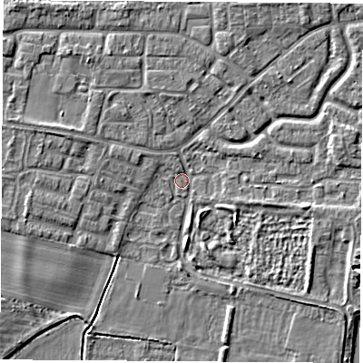 Shaded relief map of the ground around OX145TG, computed from Environment Agency LiDAR. The ground here sits at about 51 m above sea level and falls 4 m across the surrounding 800 m. Surface water reaching this point runs off ground lying to the north-west, 2.9 m higher.