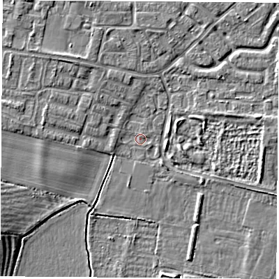 Shaded relief map of the ground around OX145TH, computed from Environment Agency LiDAR. The ground here sits at about 51 m above sea level and falls 5 m across the surrounding 800 m. Surface water reaching this point runs off ground lying to the north-west, 2.5 m higher.