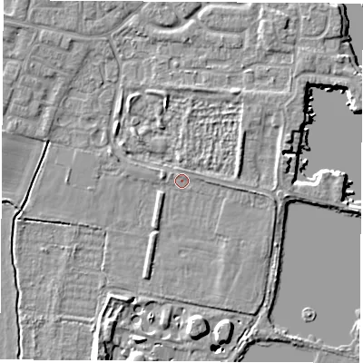 Shaded relief map of the ground around OX145TJ, computed from Environment Agency LiDAR. The ground here sits at about 51 m above sea level and falls 10 m across the surrounding 800 m. The ground contributing surface water to this point lies to the east-north-east.