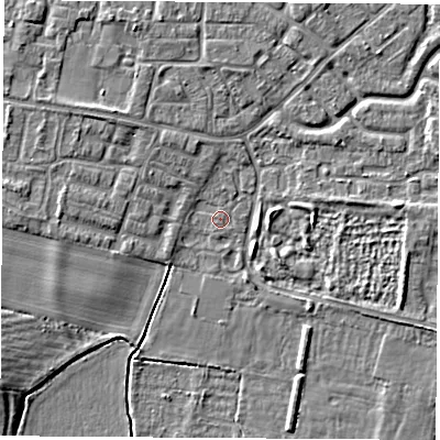 Shaded relief map of the ground around OX145TQ, computed from Environment Agency LiDAR. The ground here sits at about 51 m above sea level and falls 4 m across the surrounding 800 m. Surface water reaching this point runs off ground lying to the north-west, 1.6 m higher.