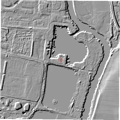 Shaded relief map of the ground around OX145TW, computed from Environment Agency LiDAR. The ground here sits at about 51 m above sea level and falls 10 m across the surrounding 800 m. Surface water reaching this point runs off ground lying to the east, 0.6 m higher.
