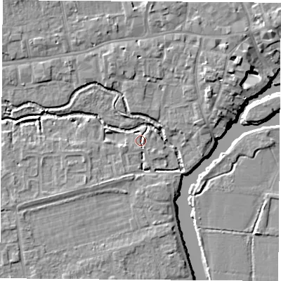Shaded relief map of the ground around OX145XA, computed from Environment Agency LiDAR. The ground here sits at about 50 m above sea level and falls 8 m across the surrounding 800 m. Surface water reaching this point runs off ground lying to the north-east, 1.7 m higher.