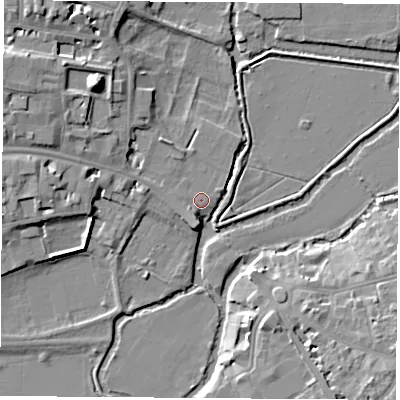 Shaded relief map of the ground around OX14AU, computed from Environment Agency LiDAR. The ground here sits at about 57 m above sea level and falls 14 m across the surrounding 800 m. Surface water reaching this point runs off ground lying to the south-south-west, 1.8 m higher.