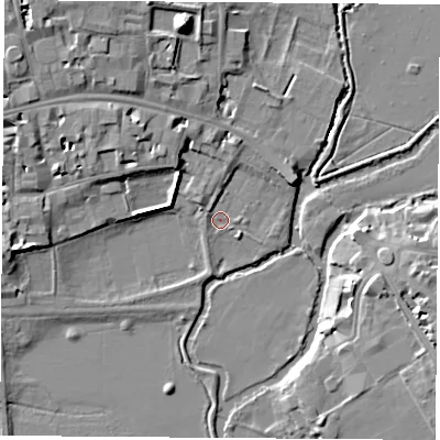 Shaded relief map of the ground around OX14DU, computed from Environment Agency LiDAR. The ground here sits at about 56 m above sea level and falls 14 m across the surrounding 800 m. Surface water reaching this point runs off ground lying to the north-north-east, 2.3 m higher.