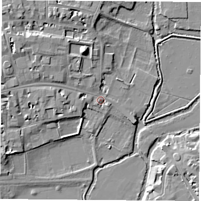 Shaded relief map of the ground around OX14EL, computed from Environment Agency LiDAR. The ground here sits at about 59 m above sea level and falls 14 m across the surrounding 800 m. Surface water reaching this point runs off ground lying to the west-north-west, 6.2 m higher.