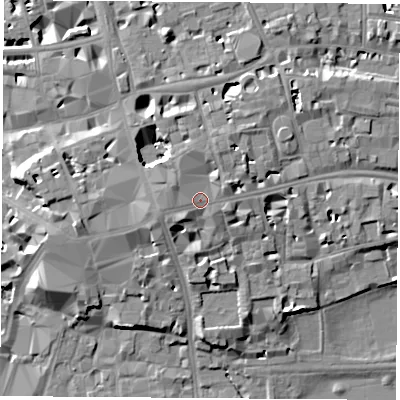 Shaded relief map of the ground around OX14EQ, computed from Environment Agency LiDAR. The ground here sits at about 65 m above sea level and falls 11 m across the surrounding 800 m. Surface water reaching this point runs off ground lying to the south-west, 1.8 m higher.