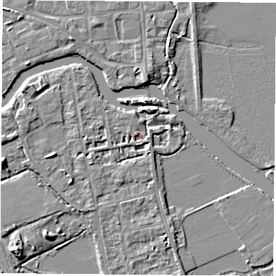 Shaded relief map of the ground around OX14FA, computed from Environment Agency LiDAR. The ground here sits at about 56 m above sea level and falls 6 m across the surrounding 800 m. Surface water reaching this point runs off ground lying to the east, 3.0 m higher.