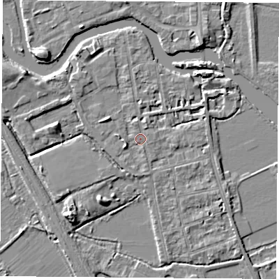 Shaded relief map of the ground around OX14FR, computed from Environment Agency LiDAR. The ground here sits at about 56 m above sea level and falls 6 m across the surrounding 800 m. Surface water reaching this point runs off ground lying to the west-south-west, 2.2 m higher.