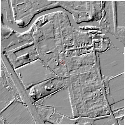 Shaded relief map of the ground around OX14FS, computed from Environment Agency LiDAR. The ground here sits at about 56 m above sea level and falls 6 m across the surrounding 800 m. Surface water reaching this point runs off ground lying to the west-south-west, 2.3 m higher.