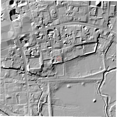 Shaded relief map of the ground around OX14JF, computed from Environment Agency LiDAR. The ground here sits at about 60 m above sea level and falls 14 m across the surrounding 800 m. Surface water reaching this point runs off ground lying to the south-west, 2.9 m higher.