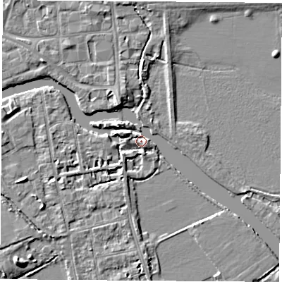 Shaded relief map of the ground around OX14JS, computed from Environment Agency LiDAR. The ground here sits at about 56 m above sea level and falls 5 m across the surrounding 800 m. Surface water reaching this point runs off ground lying to the west-north-west, 4.1 m higher.