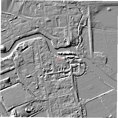 Shaded relief map of the ground around OX14JT, computed from Environment Agency LiDAR. The ground here sits at about 56 m above sea level and falls 6 m across the surrounding 800 m. Surface water reaching this point runs off ground lying to the east-north-east, 4.4 m higher.