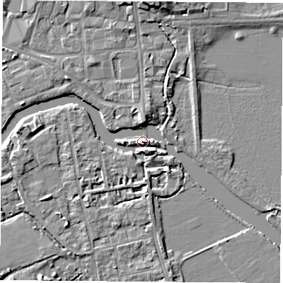 Shaded relief map of the ground around OX14JU, computed from Environment Agency LiDAR. The ground here sits at about 59 m above sea level and falls 7 m across the surrounding 800 m. Surface water reaching this point runs off ground lying to the east-south-east, 3.9 m higher.