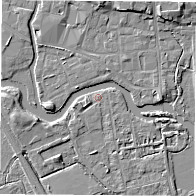 Shaded relief map of the ground around OX14JX, computed from Environment Agency LiDAR. The ground here sits at about 57 m above sea level and falls 8 m across the surrounding 800 m. Surface water reaching this point runs off ground lying to the south, 2.5 m higher.