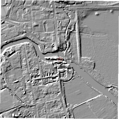 Shaded relief map of the ground around OX14LA, computed from Environment Agency LiDAR. The ground here sits at about 56 m above sea level and falls 7 m across the surrounding 800 m. Surface water reaching this point runs off ground lying to the west, 4.1 m higher.