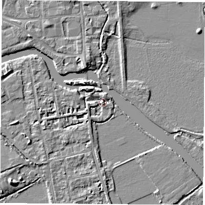 Shaded relief map of the ground around OX14LD, computed from Environment Agency LiDAR. The ground here sits at about 57 m above sea level and falls 5 m across the surrounding 800 m. Surface water reaching this point runs off ground lying to the west-south-west, 2.6 m higher.