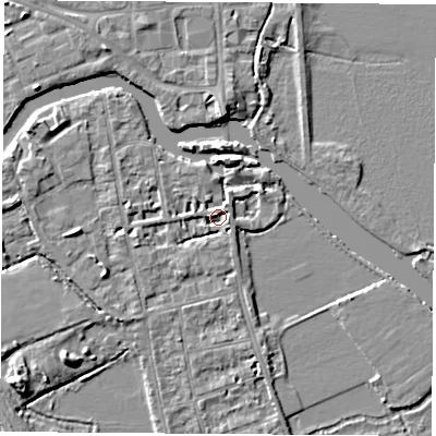 Shaded relief map of the ground around OX14LE, computed from Environment Agency LiDAR. The ground here sits at about 55 m above sea level and falls 6 m across the surrounding 800 m. Surface water reaching this point runs off ground lying to the north-north-east, 3.0 m higher.