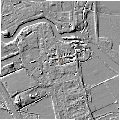 Shaded relief map of the ground around OX14LF, computed from Environment Agency LiDAR. The ground here sits at about 56 m above sea level and falls 6 m across the surrounding 800 m. Surface water reaching this point runs off ground lying to the east-north-east, 3.0 m higher.