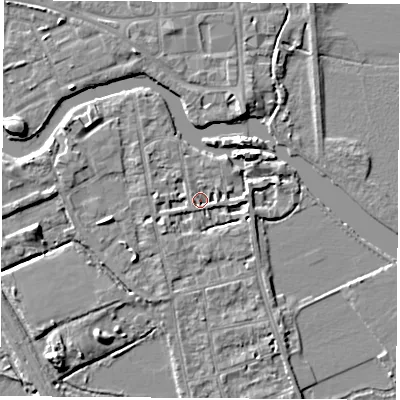 Shaded relief map of the ground around OX14LG, computed from Environment Agency LiDAR. The ground here sits at about 56 m above sea level and falls 6 m across the surrounding 800 m. Surface water reaching this point runs off ground lying to the east, 3.0 m higher.