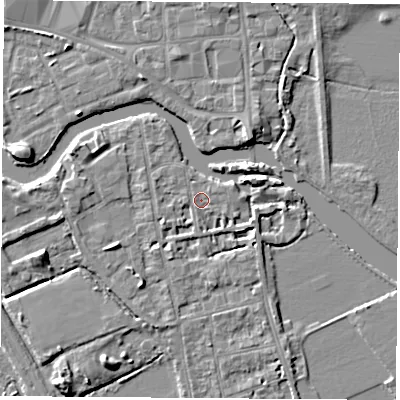 Shaded relief map of the ground around OX14LH, computed from Environment Agency LiDAR. The ground here sits at about 56 m above sea level and falls 6 m across the surrounding 800 m. Surface water reaching this point runs off ground lying to the east-south-east, 3.0 m higher.