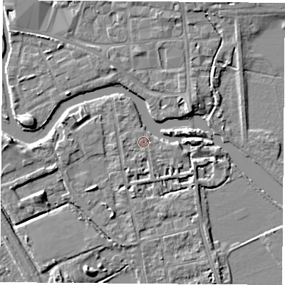 Shaded relief map of the ground around OX14LL, computed from Environment Agency LiDAR. The ground here sits at about 56 m above sea level and falls 5 m across the surrounding 800 m. Surface water reaching this point runs off ground lying to the east-south-east, 3.0 m higher.