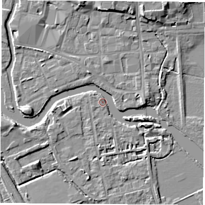 Shaded relief map of the ground around OX14LN, computed from Environment Agency LiDAR. The ground here sits at about 56 m above sea level and falls 8 m across the surrounding 800 m. Surface water reaching this point runs off ground lying to the east-south-east, 4.5 m higher.