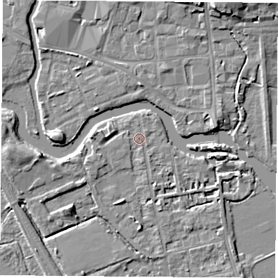 Shaded relief map of the ground around OX14LP, computed from Environment Agency LiDAR. The ground here sits at about 56 m above sea level and falls 7 m across the surrounding 800 m. Surface water reaching this point runs off ground lying to the south-south-west, 2.5 m higher.
