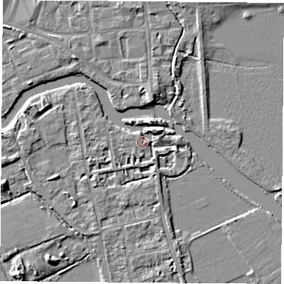 Shaded relief map of the ground around OX14LQ, computed from Environment Agency LiDAR. The ground here sits at about 56 m above sea level and falls 6 m across the surrounding 800 m. Surface water reaching this point runs off ground lying to the north-east, 3.7 m higher.