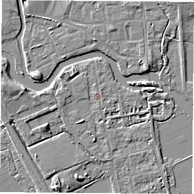 Shaded relief map of the ground around OX14LR, computed from Environment Agency LiDAR. The ground here sits at about 57 m above sea level and falls 6 m across the surrounding 800 m. Surface water reaching this point runs off ground lying to the south-south-west, 6.1 m higher.