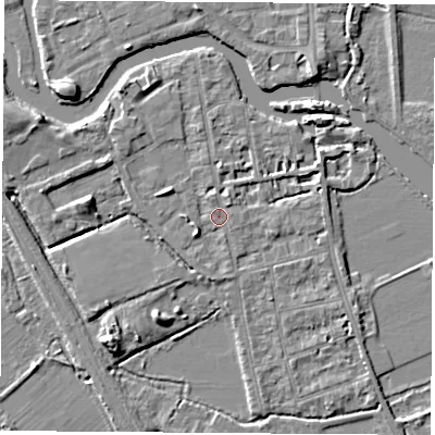 Shaded relief map of the ground around OX14LS, computed from Environment Agency LiDAR. The ground here sits at about 56 m above sea level and falls 6 m across the surrounding 800 m. Surface water reaching this point runs off ground lying to the south-west, 2.2 m higher.