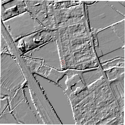 Shaded relief map of the ground around OX14LU, computed from Environment Agency LiDAR. The ground here sits at about 56 m above sea level and falls 6 m across the surrounding 800 m. Surface water reaching this point runs off ground lying to the west-north-west, 6.0 m higher.