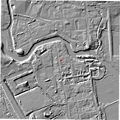 Shaded relief map of the ground around OX14LW, computed from Environment Agency LiDAR. The ground here sits at about 57 m above sea level and falls 6 m across the surrounding 800 m. Surface water reaching this point runs off ground lying to the south-west, 0.9 m higher.