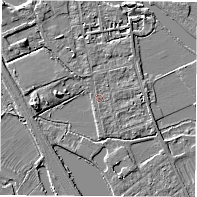 Shaded relief map of the ground around OX14LX, computed from Environment Agency LiDAR. The ground here sits at about 56 m above sea level and falls 6 m across the surrounding 800 m. Surface water reaching this point runs off ground lying to the south, 1.0 m higher.