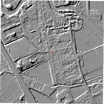 Shaded relief map of the ground around OX14LZ, computed from Environment Agency LiDAR. The ground here sits at about 57 m above sea level and falls 6 m across the surrounding 800 m. Surface water reaching this point runs off ground lying to the north-north-west, 0.7 m higher.
