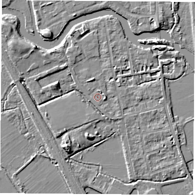 Shaded relief map of the ground around OX14NA, computed from Environment Agency LiDAR. The ground here sits at about 56 m above sea level and falls 6 m across the surrounding 800 m. Surface water reaching this point runs off ground lying to the east, 1.5 m higher.