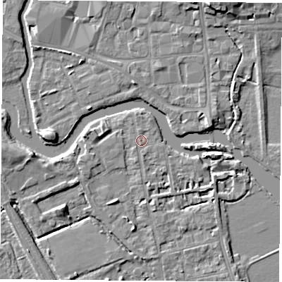 Shaded relief map of the ground around OX14ND, computed from Environment Agency LiDAR. The ground here sits at about 56 m above sea level and falls 7 m across the surrounding 800 m. Surface water reaching this point runs off ground lying to the south-south-west, 0.9 m higher.