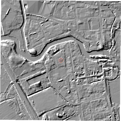 Shaded relief map of the ground around OX14NH, computed from Environment Agency LiDAR. The ground here sits at about 57 m above sea level and falls 6 m across the surrounding 800 m. The ground contributing surface water to this point lies to the north-east.