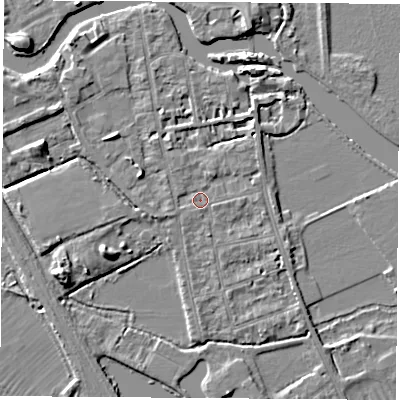 Shaded relief map of the ground around OX14NX, computed from Environment Agency LiDAR. The ground here sits at about 56 m above sea level and falls 6 m across the surrounding 800 m. Surface water reaching this point runs off ground lying to the north-north-east, 1.4 m higher.