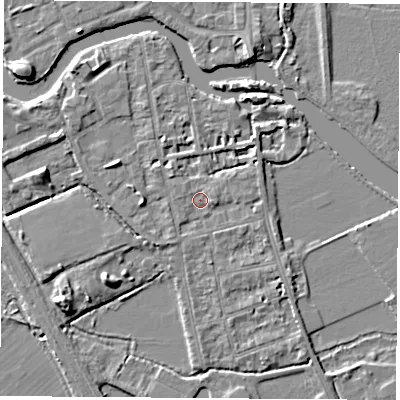 Shaded relief map of the ground around OX14NY, computed from Environment Agency LiDAR. The ground here sits at about 56 m above sea level and falls 6 m across the surrounding 800 m. Surface water reaching this point runs off ground lying to the east, 1.4 m higher.