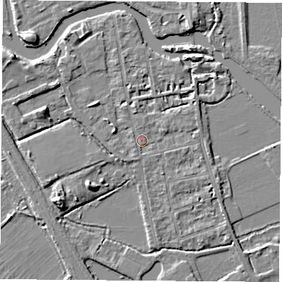 Shaded relief map of the ground around OX14NZ, computed from Environment Agency LiDAR. The ground here sits at about 57 m above sea level and falls 6 m across the surrounding 800 m. Surface water reaching this point runs off ground lying to the south-south-west, 1.1 m higher.