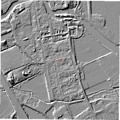 Shaded relief map of the ground around OX14PA, computed from Environment Agency LiDAR. The ground here sits at about 57 m above sea level and falls 6 m across the surrounding 800 m. Surface water reaching this point runs off ground lying to the east-north-east, 0.8 m higher.