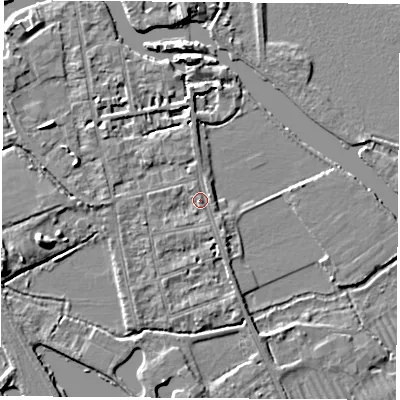 Shaded relief map of the ground around OX14PE, computed from Environment Agency LiDAR. The ground here sits at about 57 m above sea level and falls 6 m across the surrounding 800 m. Surface water reaching this point runs off ground lying to the south-south-west, 1.3 m higher.