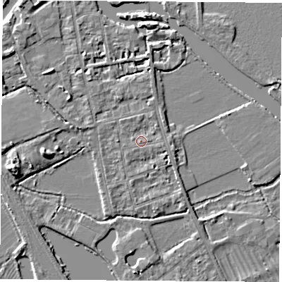 Shaded relief map of the ground around OX14PG, computed from Environment Agency LiDAR. The ground here sits at about 56 m above sea level and falls 6 m across the surrounding 800 m. Surface water reaching this point runs off ground lying to the north-east, 1.3 m higher.