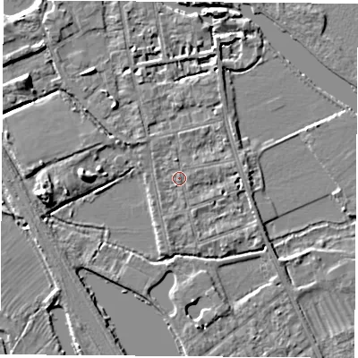 Shaded relief map of the ground around OX14PJ, computed from Environment Agency LiDAR. The ground here sits at about 56 m above sea level and falls 6 m across the surrounding 800 m. Surface water reaching this point runs off ground lying to the north, 1.5 m higher.