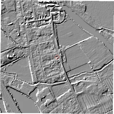 Shaded relief map of the ground around OX14PL, computed from Environment Agency LiDAR. The ground here sits at about 56 m above sea level and falls 5 m across the surrounding 800 m. Surface water reaching this point runs off ground lying to the north, 1.1 m higher.