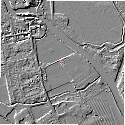 Shaded relief map of the ground around OX14PP, computed from Environment Agency LiDAR. The ground here sits at about 56 m above sea level and falls 5 m across the surrounding 800 m. Surface water reaching this point runs off ground lying to the west-south-west, 2.0 m higher.