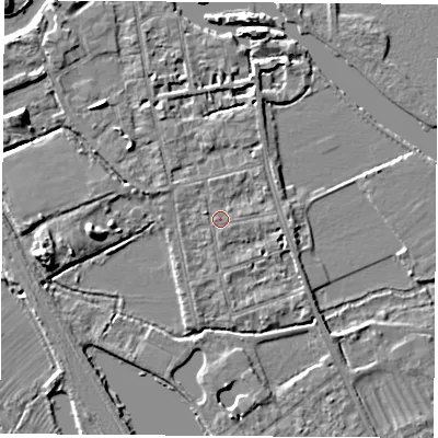 Shaded relief map of the ground around OX14PQ, computed from Environment Agency LiDAR. The ground here sits at about 56 m above sea level and falls 6 m across the surrounding 800 m. Surface water reaching this point runs off ground lying to the north, 1.4 m higher.