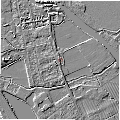 Shaded relief map of the ground around OX14PR, computed from Environment Agency LiDAR. The ground here sits at about 56 m above sea level and falls 5 m across the surrounding 800 m. Surface water reaching this point runs off ground lying to the north-west, 1.7 m higher.